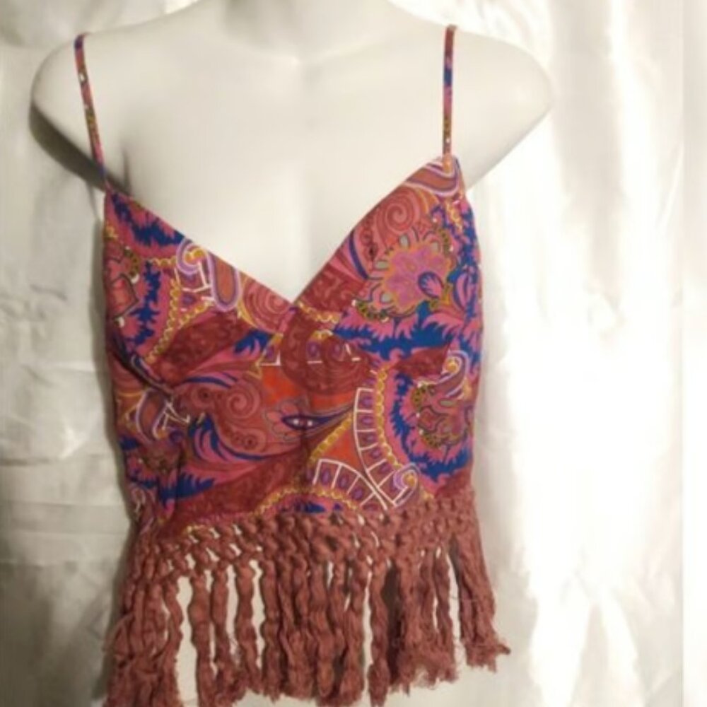 Shein Bohemian Paisley Floral Print Zipper Back Fringe Hem Cami Top L